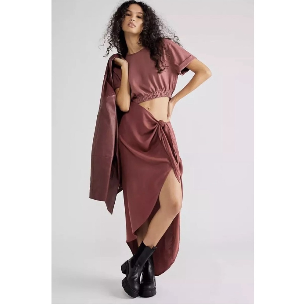Free People Rae Maxi Dress Redwood Solid Effortless Cutout Resort XS - NWT
